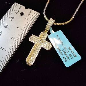 2.62 CTW VVSD Moissanite Cross Necklace in 925 on 24" Tri Colored Chain.